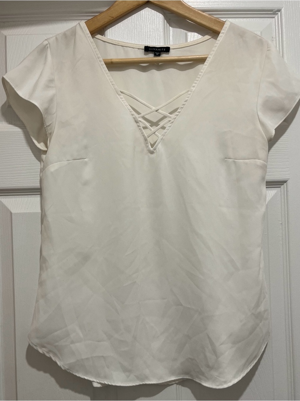 Dynamite Cream V-Neck Lace-Up Short Sleeve Blouse